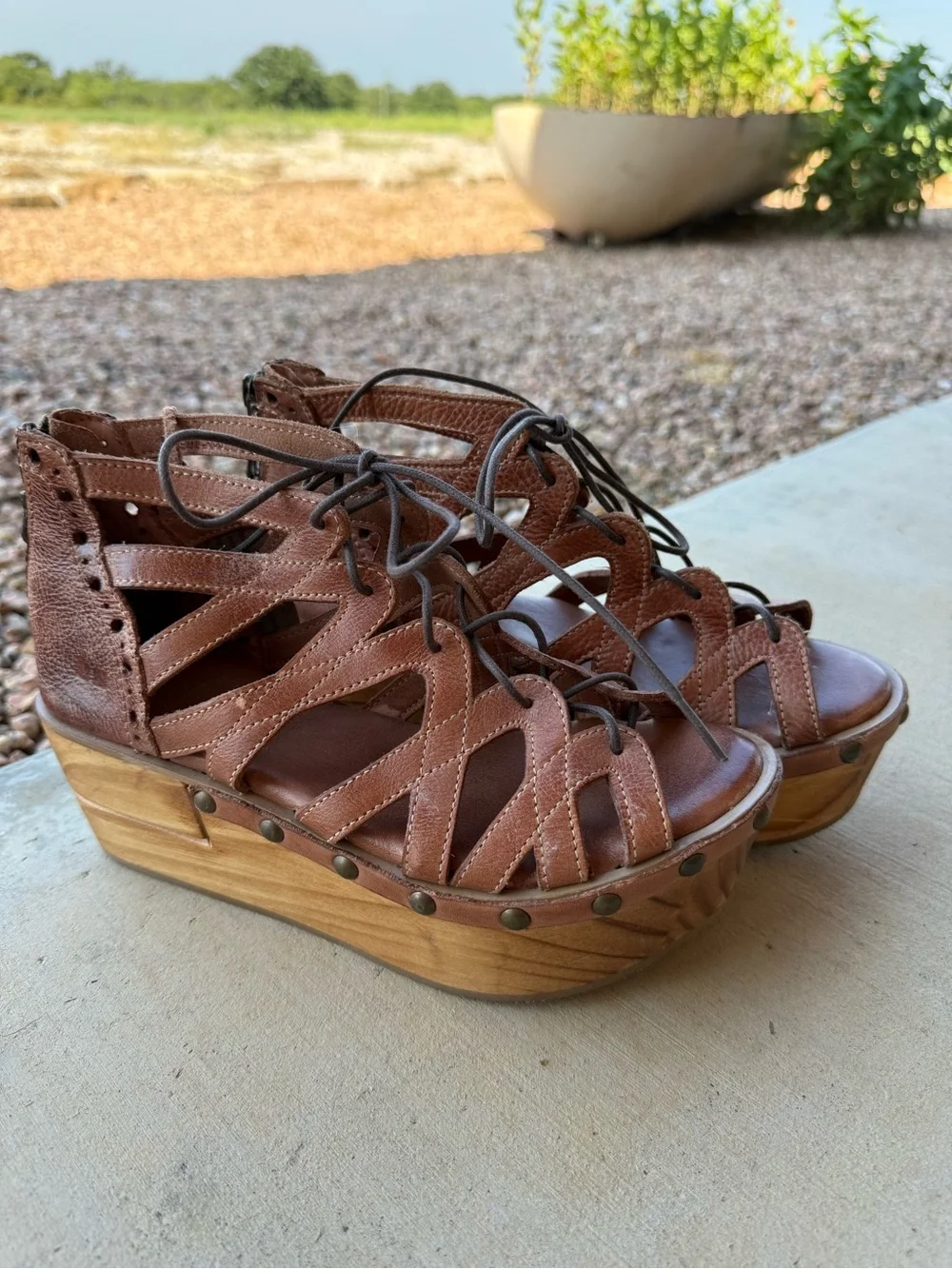 BedStu Brown Leather Lace-Up Wedge Sandals